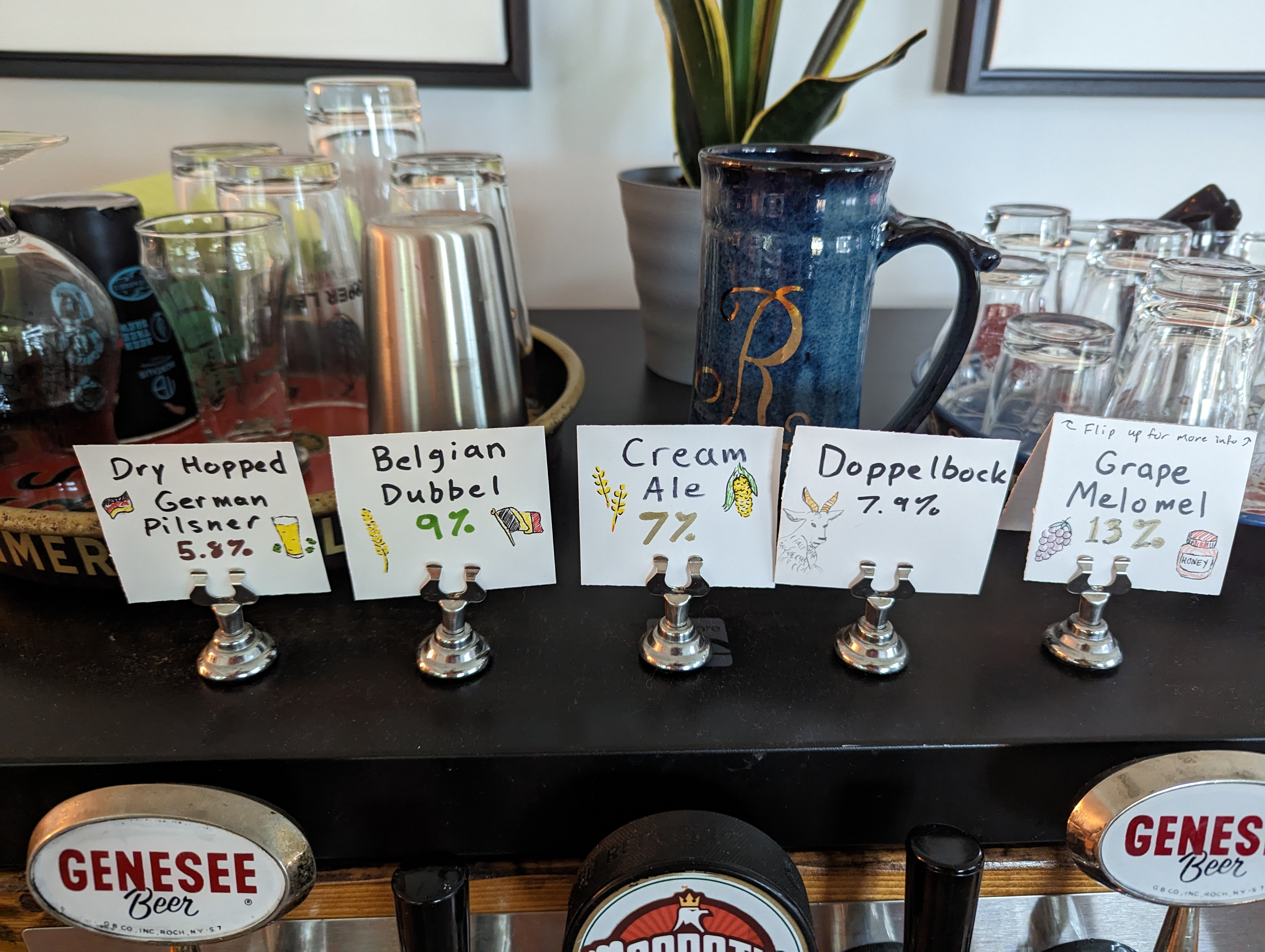 Macbeth Brewing Co. tap lineup featuring German Pilsner, Belgian Dubbel, Cream Ale, Doppelbock, and Grape Melomel